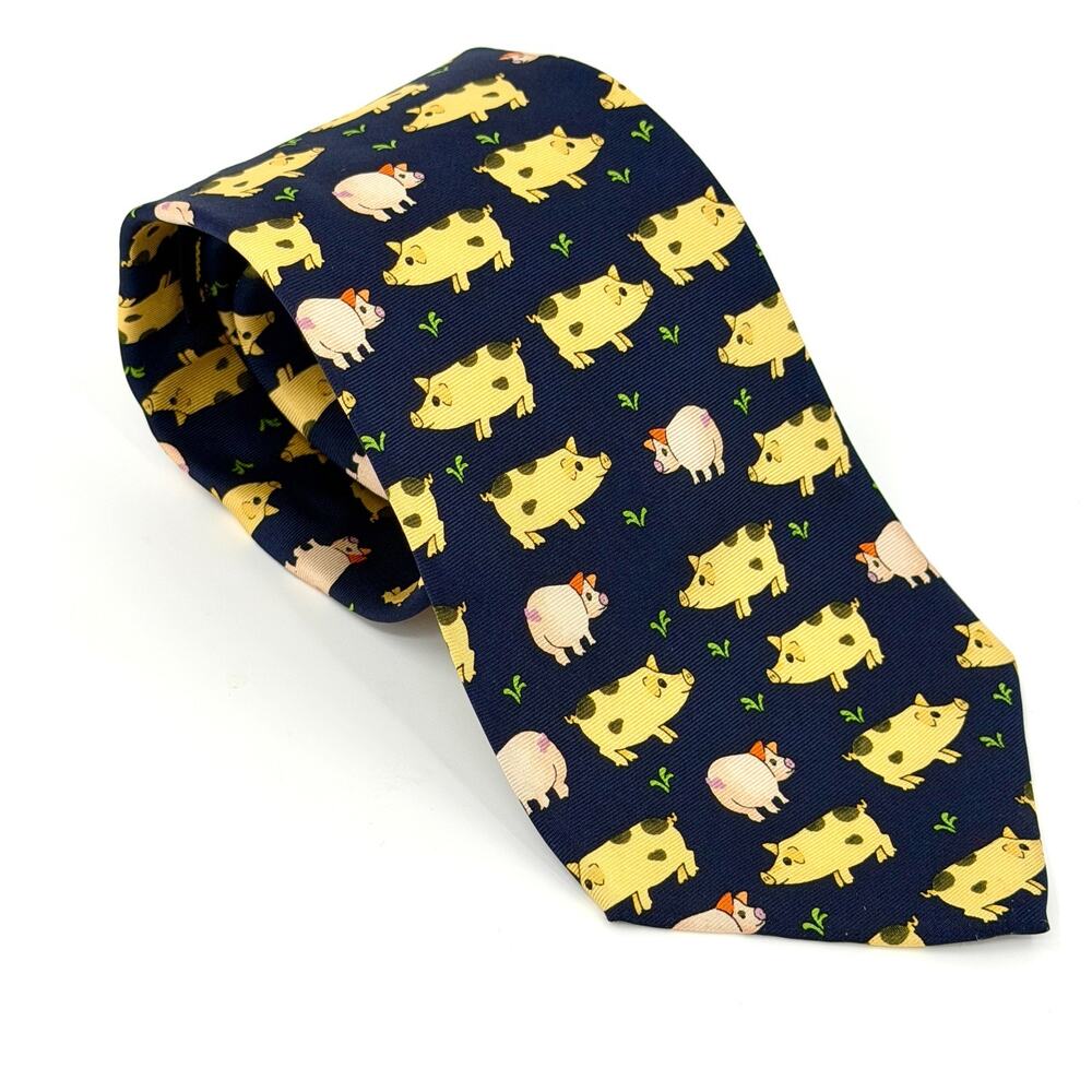 Vintage 90s Alynn Neckwear Navy Silk Oink Pig Novelty Necktie